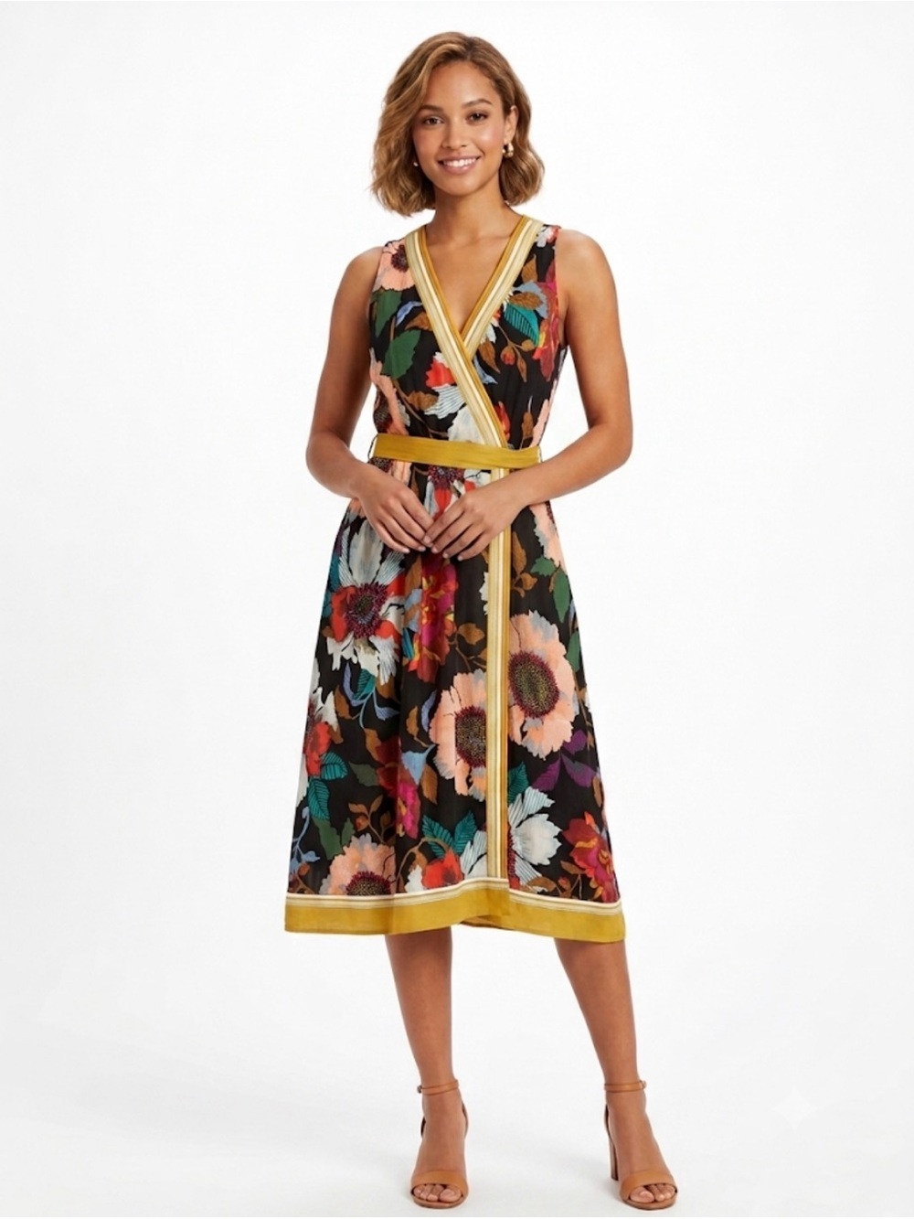 Anthropologie Black Floral Wrap Midi with Yellow Trim